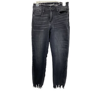 Kancan Jeans Womens Size 26 Black‎ Denim Fringe Waist Skinny Raw Hem Stretch